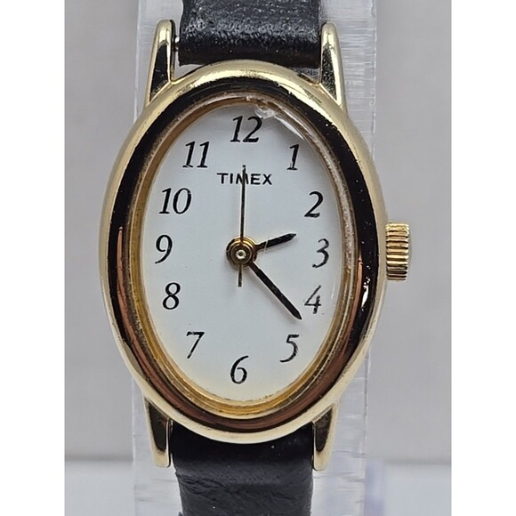 Vintage Timex Cavatina Womens Oval Gold Tone Watch Black Leather New Battery